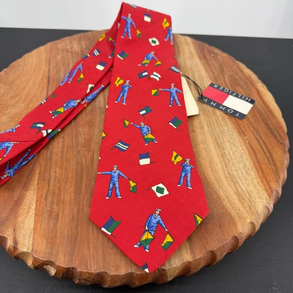 Tommy Hilfiger red necktie nautical signal‎ flag sailor pattern wide 3.75” 56”
